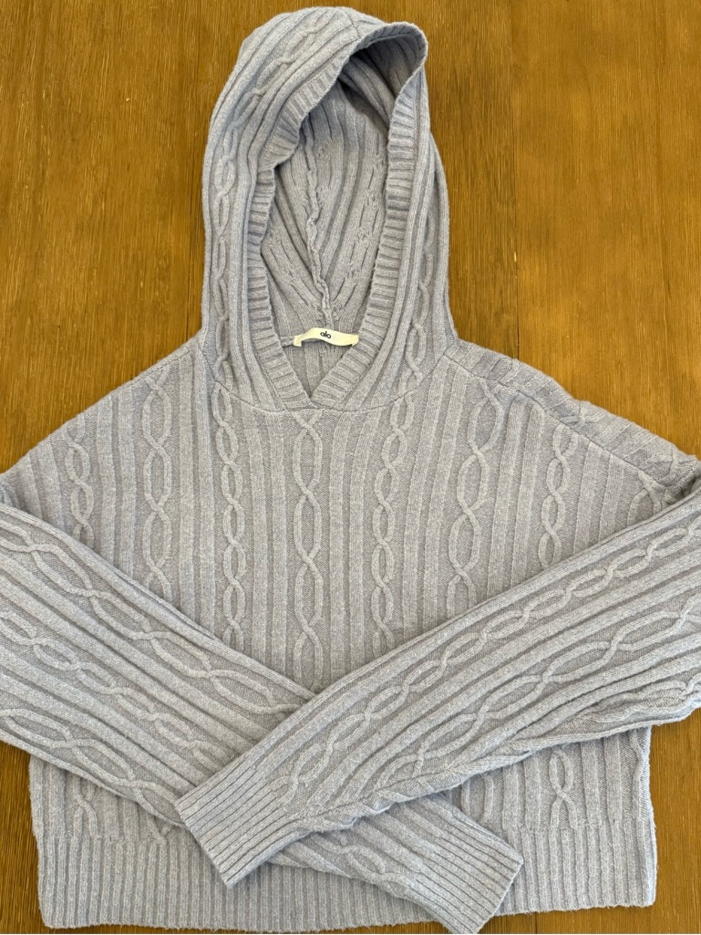 Alo Light Blue Cable Knit Hoodie Sweater